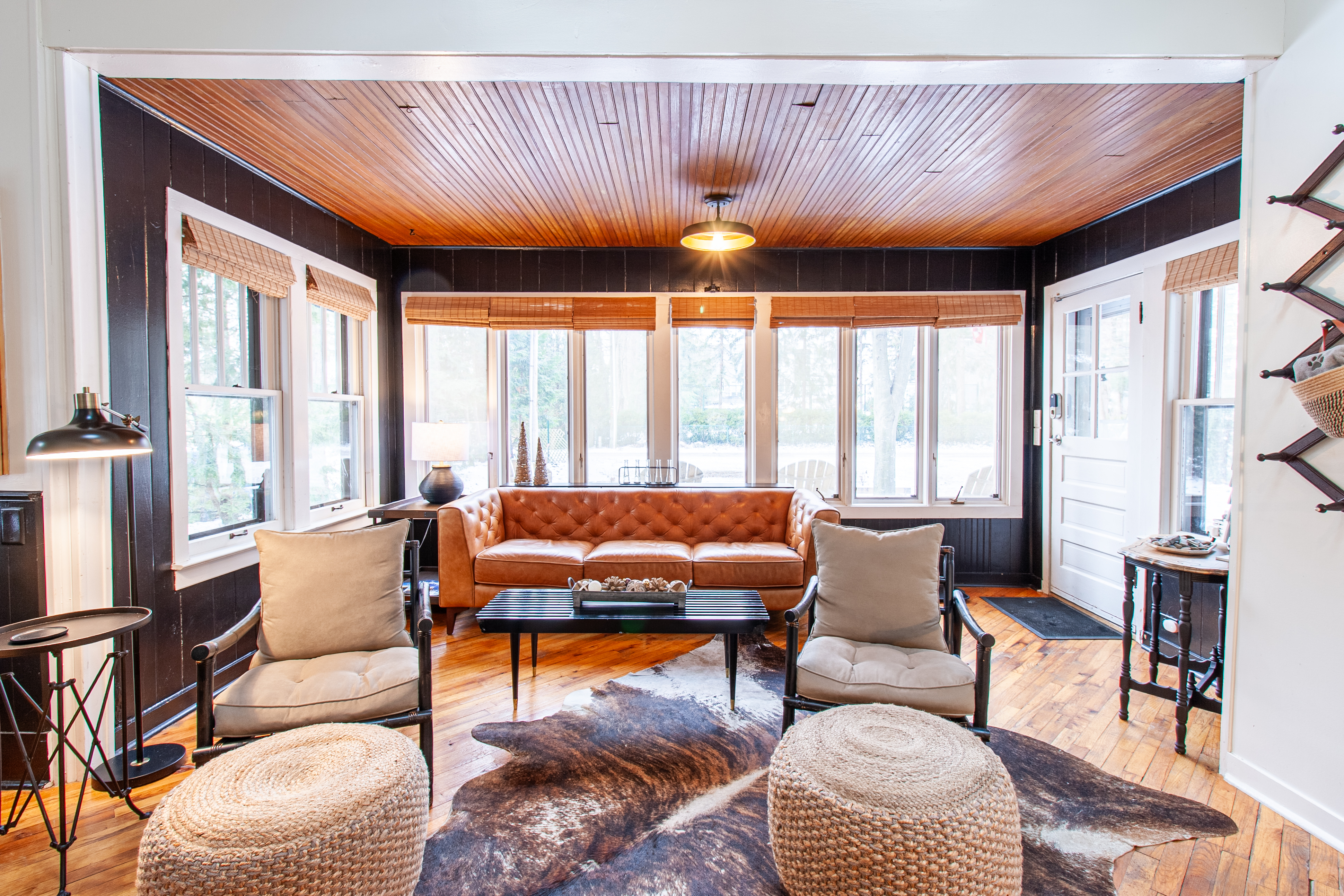 Cozy living room with wood beam ceiling