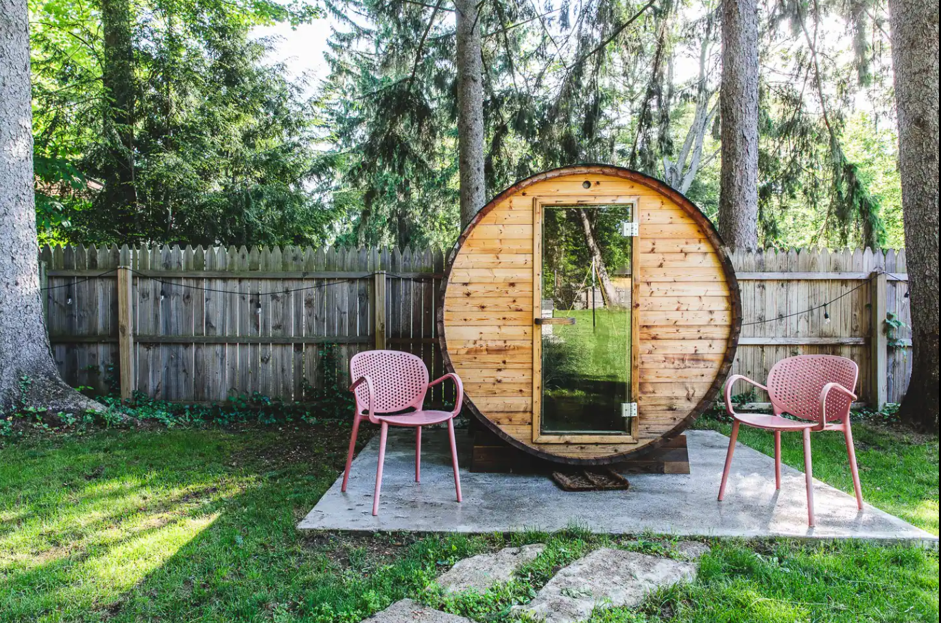 Outdoor barrel sauna in the backyard